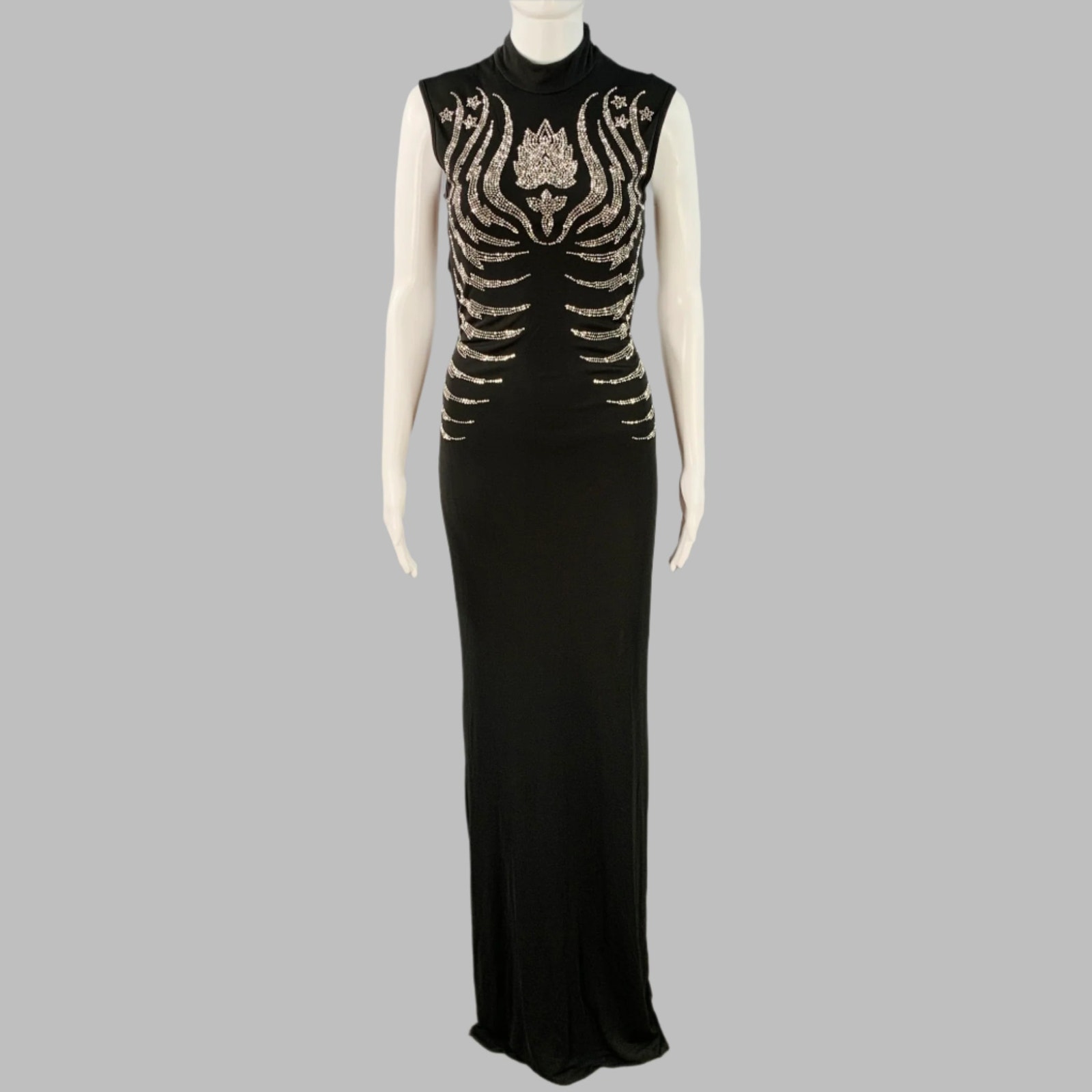 John Richmond Size 4 Black Silver Viscose Studded High Neck Evening Gown
